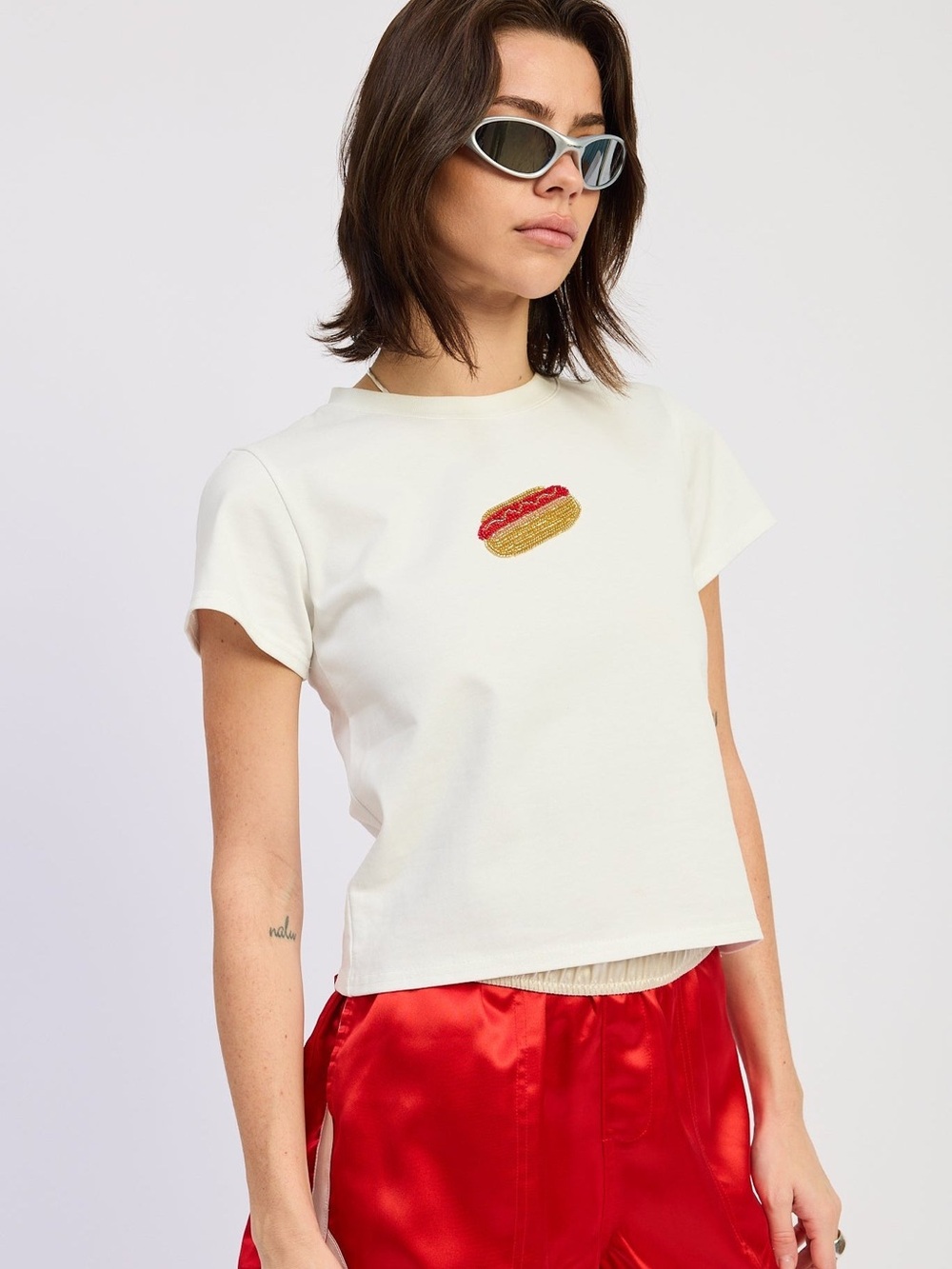emory park Cream Short Sleeve Tee with Beaded Hotdog